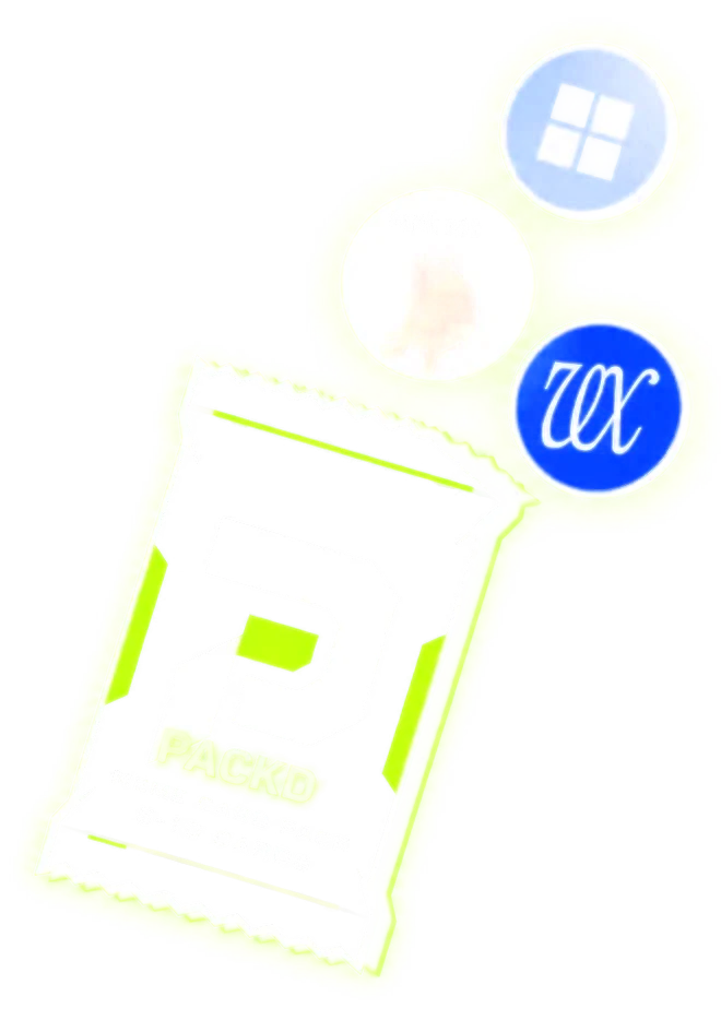 A Packd foil pack torn open with meme coins spilling out